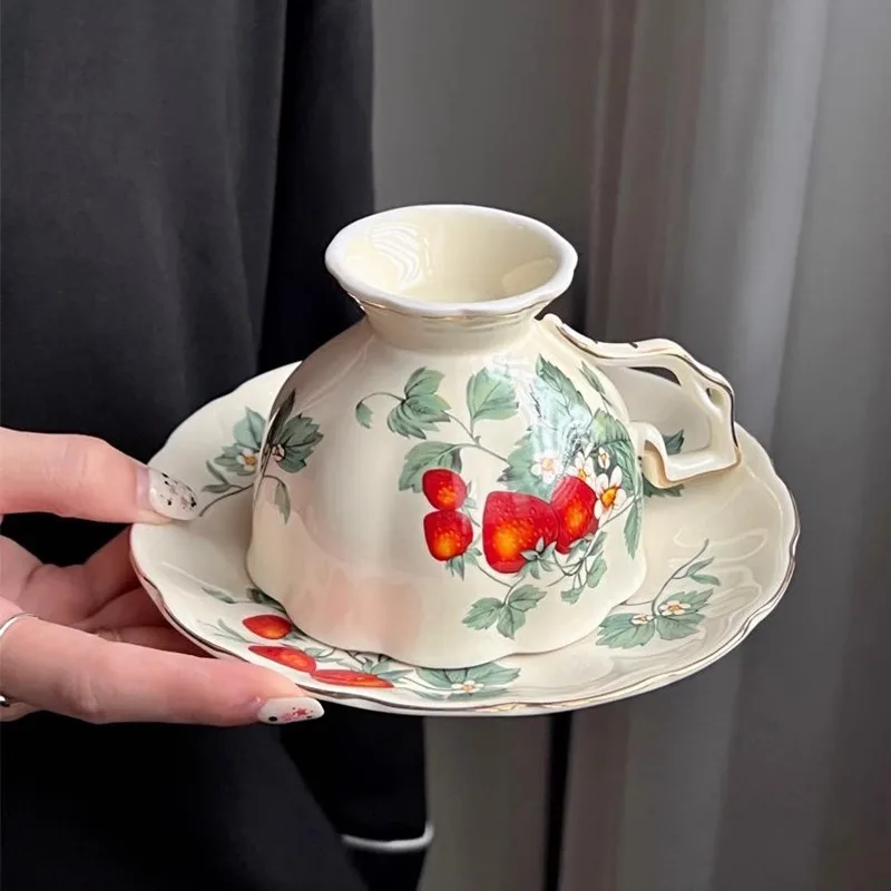 Coffee Cups and Saucers with Strawberry Pattern,Ceramic Bone China with Spoon,Tea Pot Plate Bowl, Sold Separately, Wedding Gifts