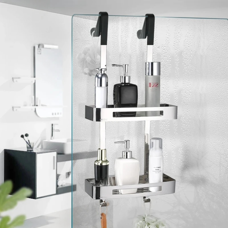 Storage rack for shower room, shower room, bathroom, bathroom, non perforated wall mounted storage rack, glass door hanging bask