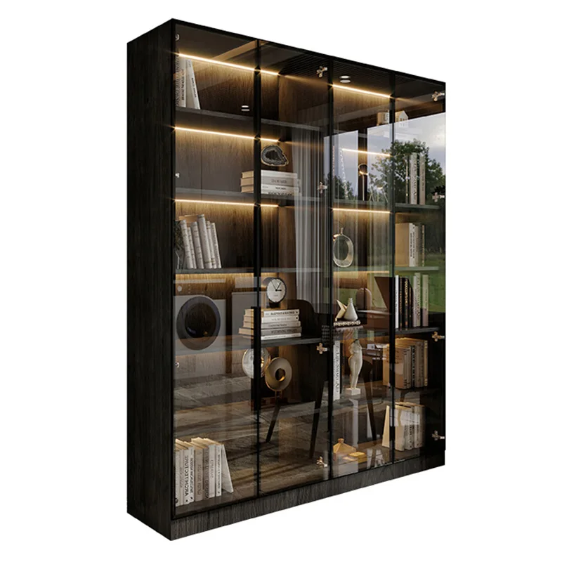 Light luxury glass door solid wood bookshelf combination bookshelf minimalist modern study wall facing bookshelf display cabinet