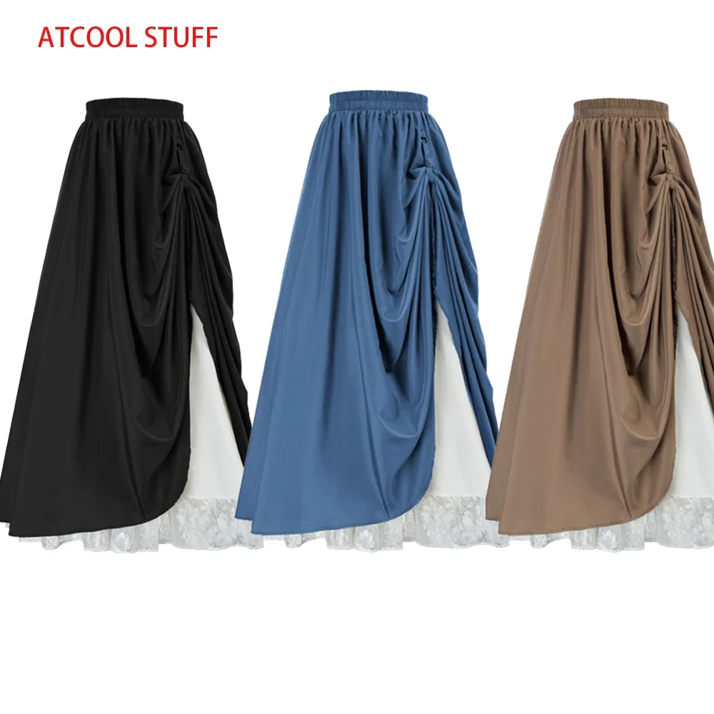 

Medieval Lace Trim A-line Maxi Skirts Victorian Dress High Waist Irregular Women Gothic High-low Bustle Renaissance Pirate Skir
