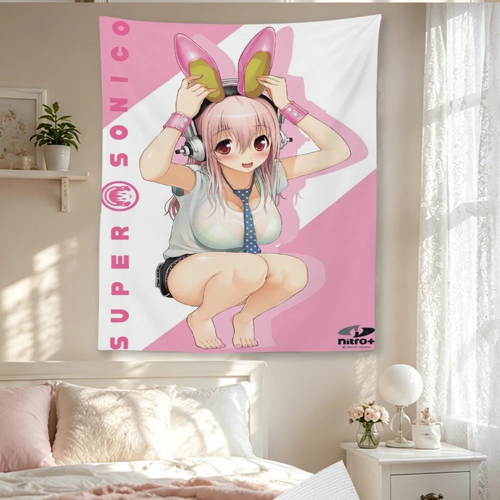 S-Super S-Sonico Anime Tapestry Pink Hair Girl Bunny Headphones Pink Geometric Background Polyester Wall Hanging For Teen Girls