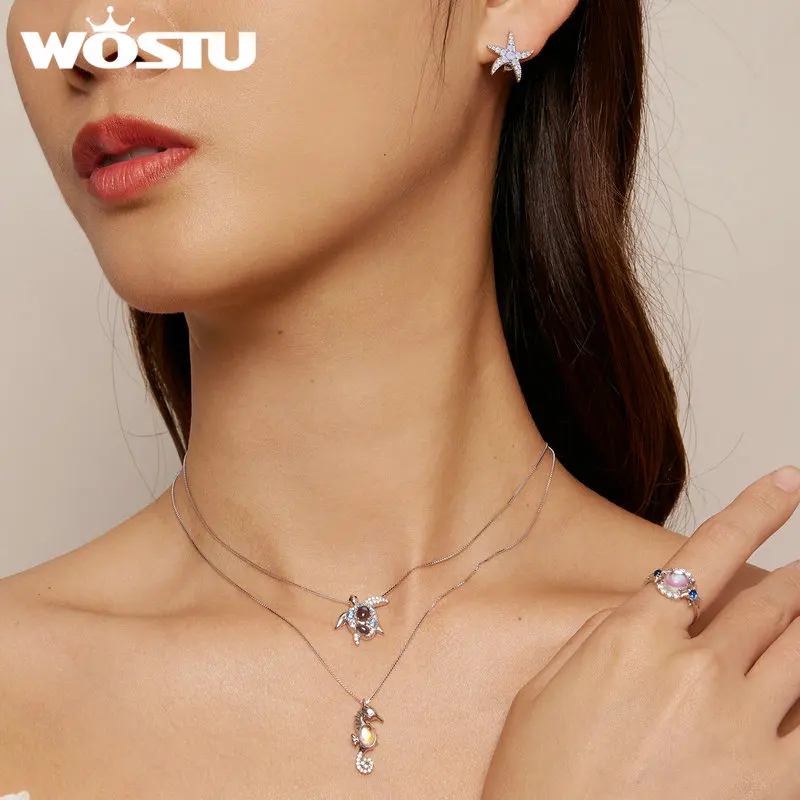 WOSTU 925 Sterling Silver Ocean Sea Turtle Necklace Pendant For Women Shiny Blue Spinel Zircon Holiday Jewelry Birthday Gift