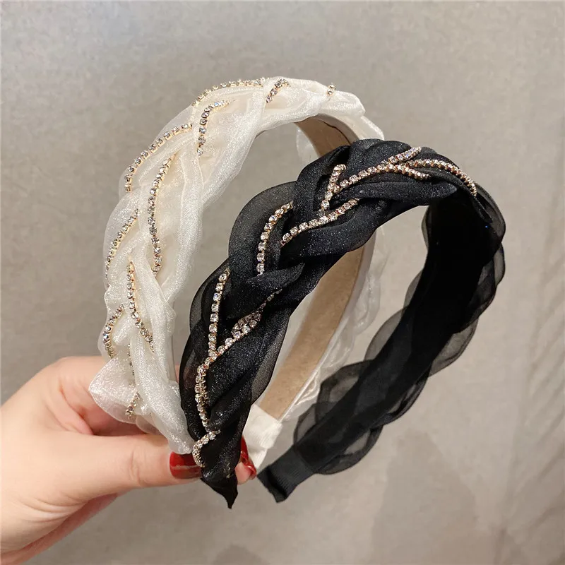 Korean Spring and Summer New Style Lace with Diamond Wide-brimmed Headband, Simple and Versatile Headband, Cross Braid