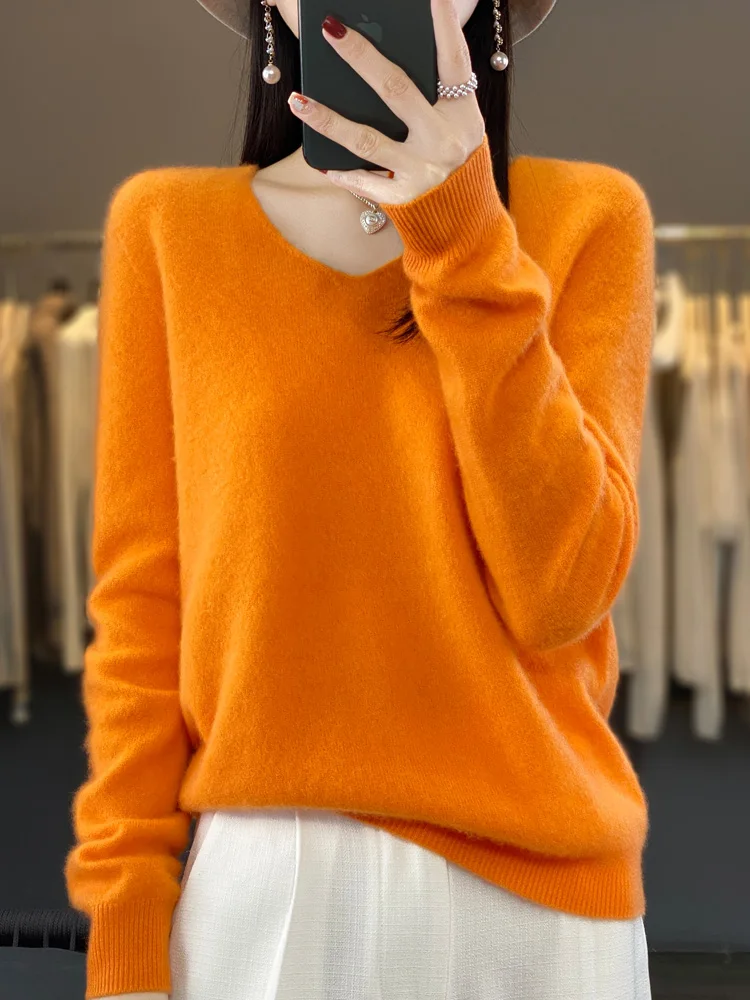 Women's Sweater 2023 Autumn Winter 100% Wool Knitted Pullovers V-neck Slim Fit Bottoming Shirt Solid Soft Jumpers Basic Sweaters