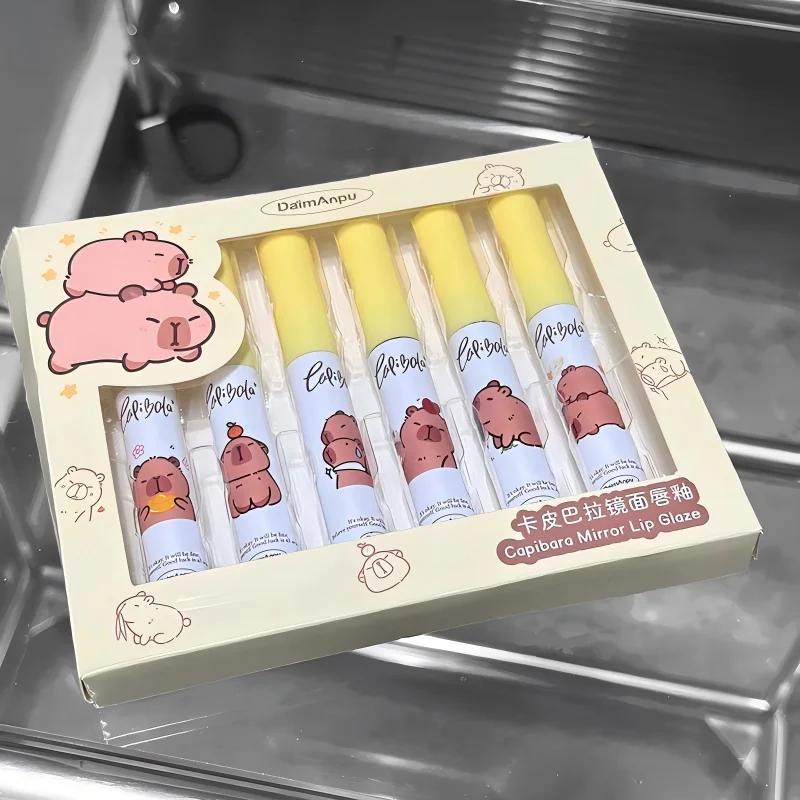 6-color  Mirror Lip Glaze Set Cute Capybara 6 Colors Highly Pigmented Lip Stain Hydrating Glossy Lip Makeup Perfect Gift