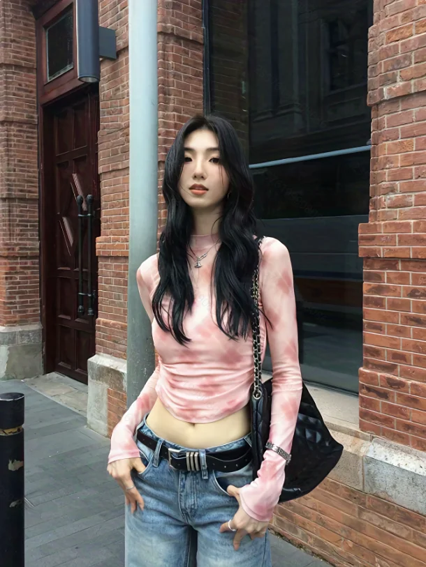 Camicetta da donna Camicia Moda Manica lunga O-Collo Tie-dye Camicetta sottile Camicia Donna Top Camisas Blusa Blusas Para Mujer Blusas Q1859