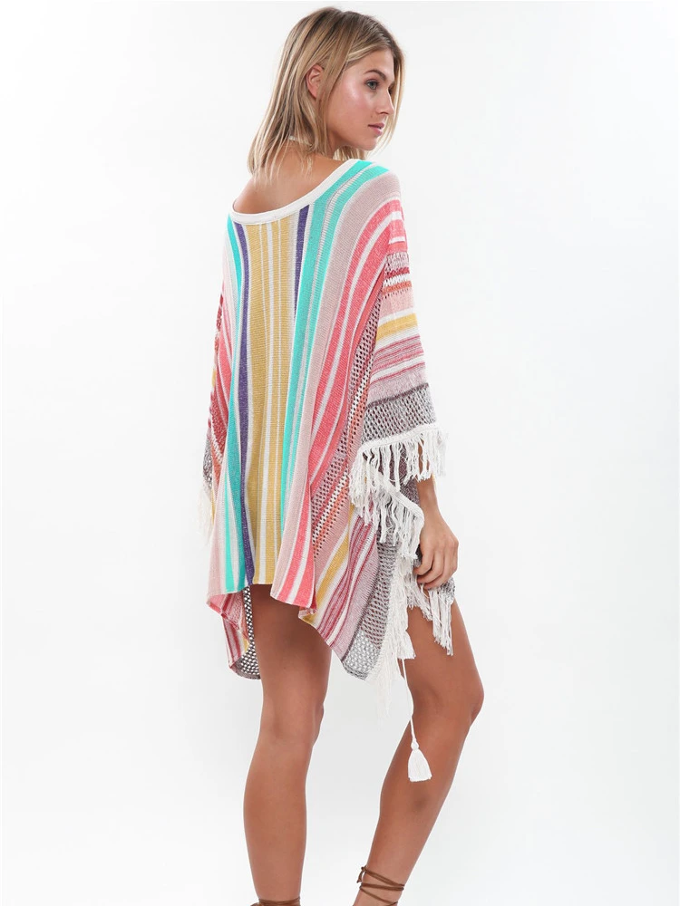 Knitted Beach Tunic Colorful Tassel Dress V Neck Bikini Cover Up Swimsuit Cape Batwing Sleeve Summer Bathing Suit Beachwear