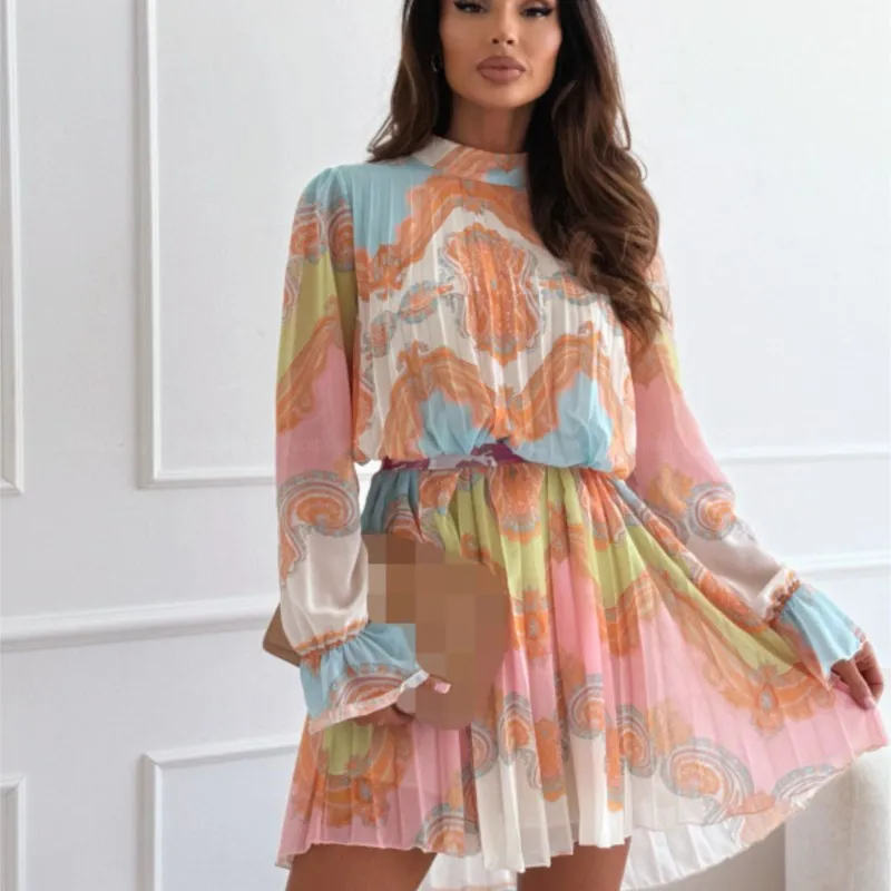 

Fashionable Printed Button Up Collar Lace Up Pleated Long Sleeved Dress Women Spring Autumn New Short Frock Vestidos Para Mujer