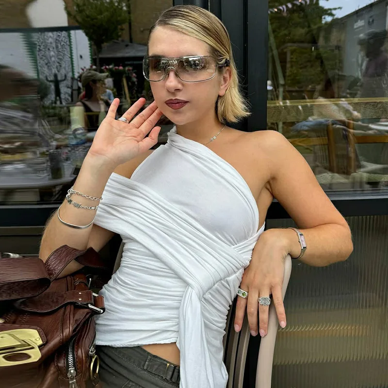 

Female Skew Collar Asymmetric Irregular Tops Shirts Women Twist Knot Ribbon Ins Trendy Tops Summer White Wedding Birthday Tops