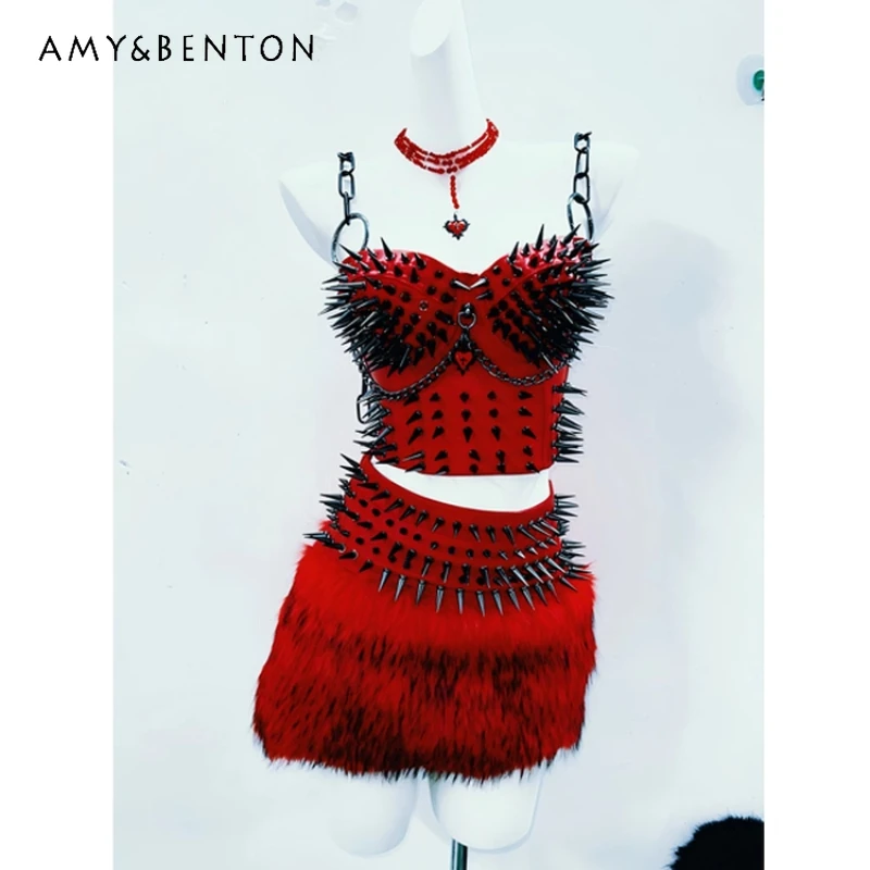 

Original Punk Heavy Design Red Rivet Women's Sling 2025 Autumn Winter New Fur Splicing Mini Skirts Sexy Three-Piece Sets Ladies
