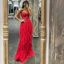 Prom Dress For Women Spaghetti Red Tiered Beading Floor Length Sweetheart Casual Summer Sleeveless Tulle Graduation Gowns Girls