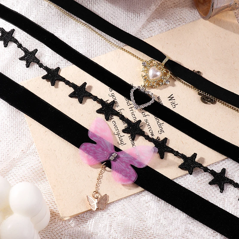 Aihua Heißer Verkauf Nettes Mädchen Schwarz Samt Spitze Schmetterling Blume Choker Halskette Sexy Loli JK Student Schlüsselbein Hals Kette Schmuck – Detail 1