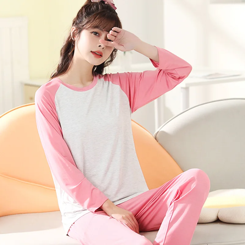 Match Color Pajamas For Women Spring Autumn Sleepwear Set Modal Bra Pads Home Clothes Long Sleeve Night Suit Pijamas De Mujer