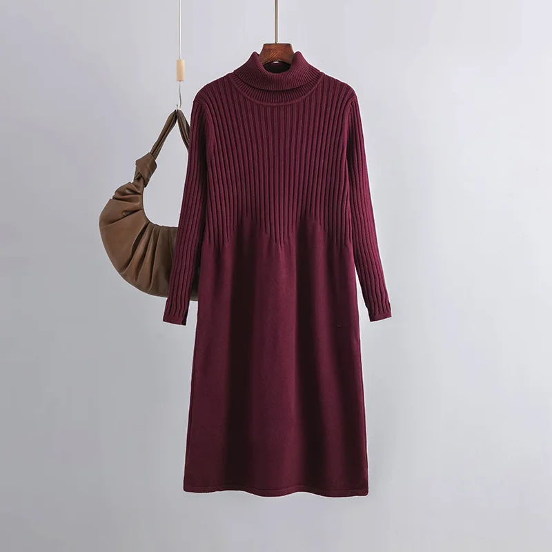 HLBCBG 2023 New Spring Autumn Turtleneck Solid Loose Dresses Women Knitted Dresses Solid Female Long Sleeve Sweater Dress