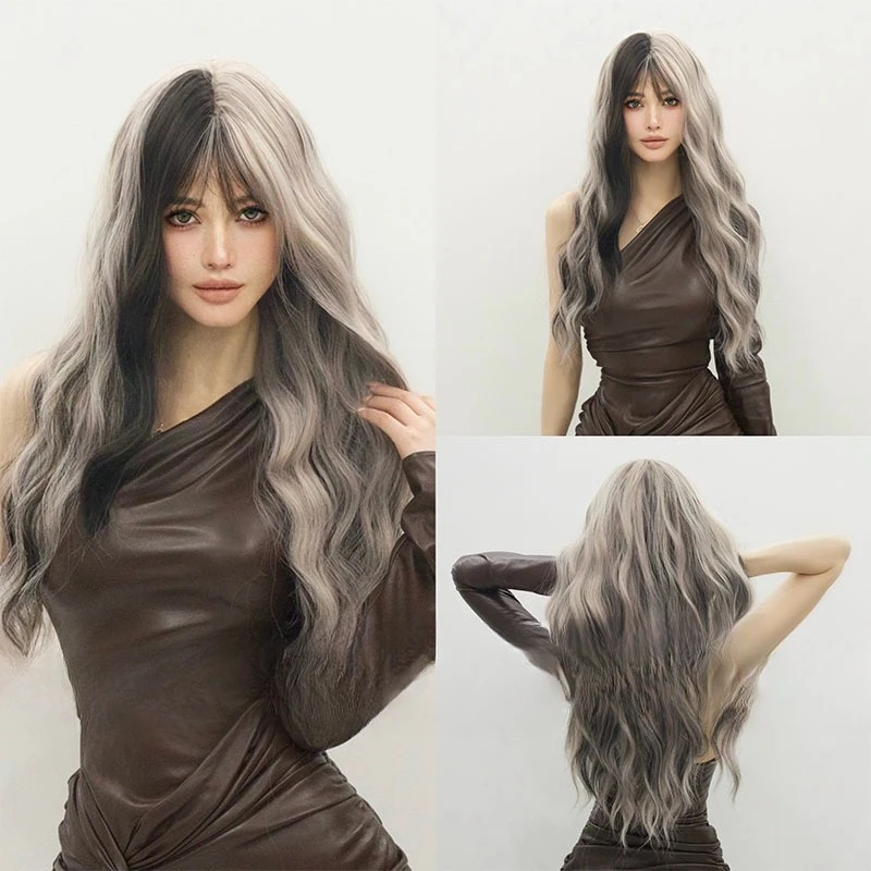 

New wig Qi bangs long curly hair fashionable black gray dyed dark feng shui ripple curly hair