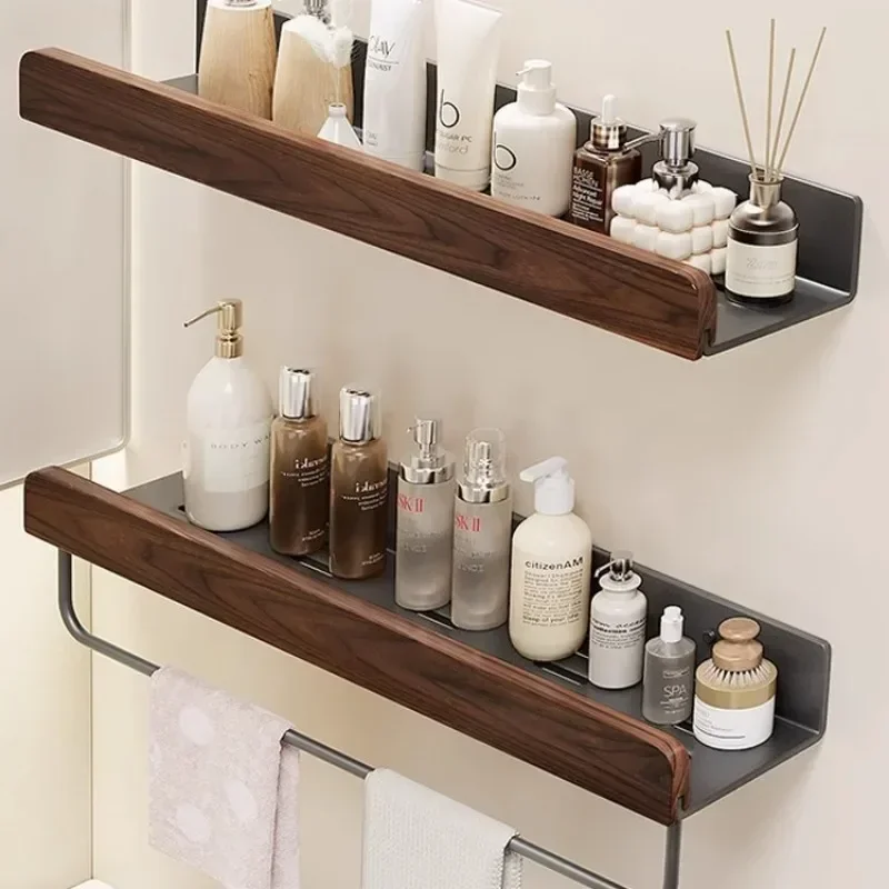 Wall Shelves Floating Punch-free Removable and washable Bathroom Rack with Towel Bar Living Room Kitchen Organizer Walnut