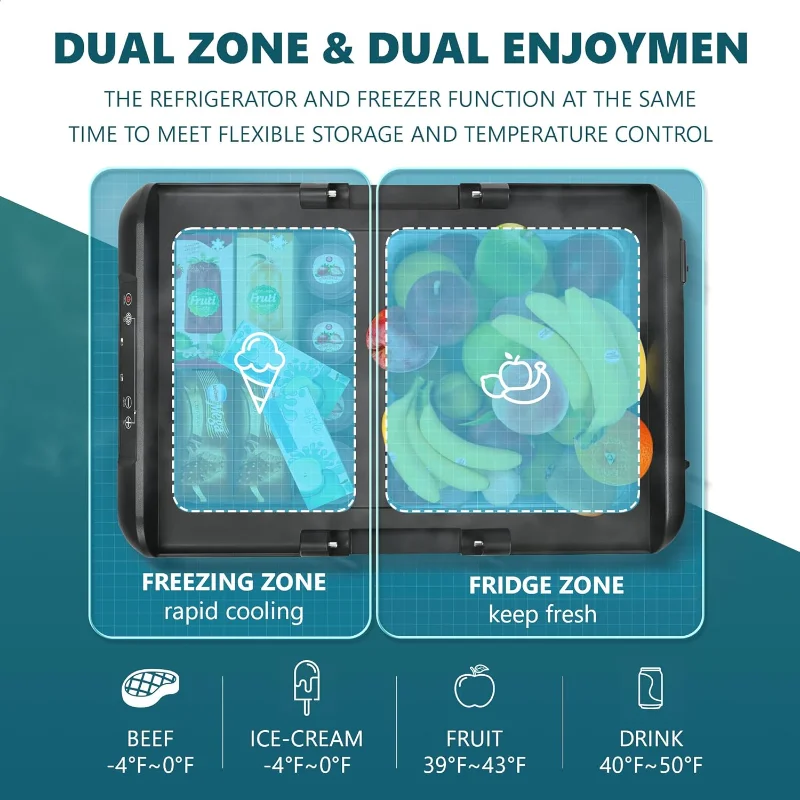 EUHOMY Frigorifero da 12 Volt, frigorifero per auto a doppia zona 49QT, dispositivo di raffreddamento elettrico 12/24 V CC e 120-240 V CA, frigorifero per auto -4 ℉ ~68 ℉
