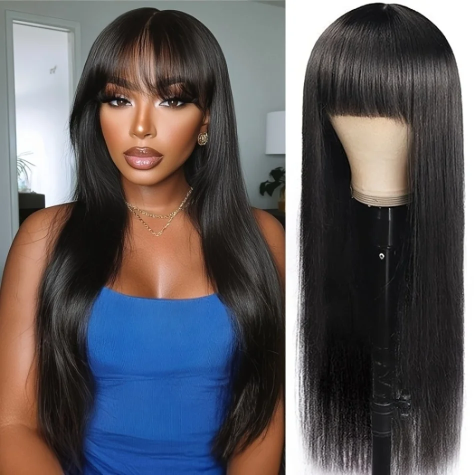 

Парик из натуральных прямых волос плотностью 250% с челкой, полностью машинной работы, бразильский, безклеевой, 3x1, для женщин, 30-34 дюйма