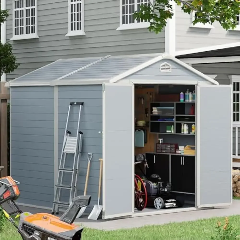 

8’x6’ Outdoor Storage Shed, Resin Utility Tool Shed Storage House with Lockable Door, for Backyard, Patio Furniture