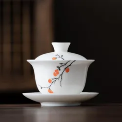 White Porcelain Persimmon Pattern Kungfu Tea Cups Sancai Gaiwan Tea Tureen Tea Bowl Household Kitchen Teaware