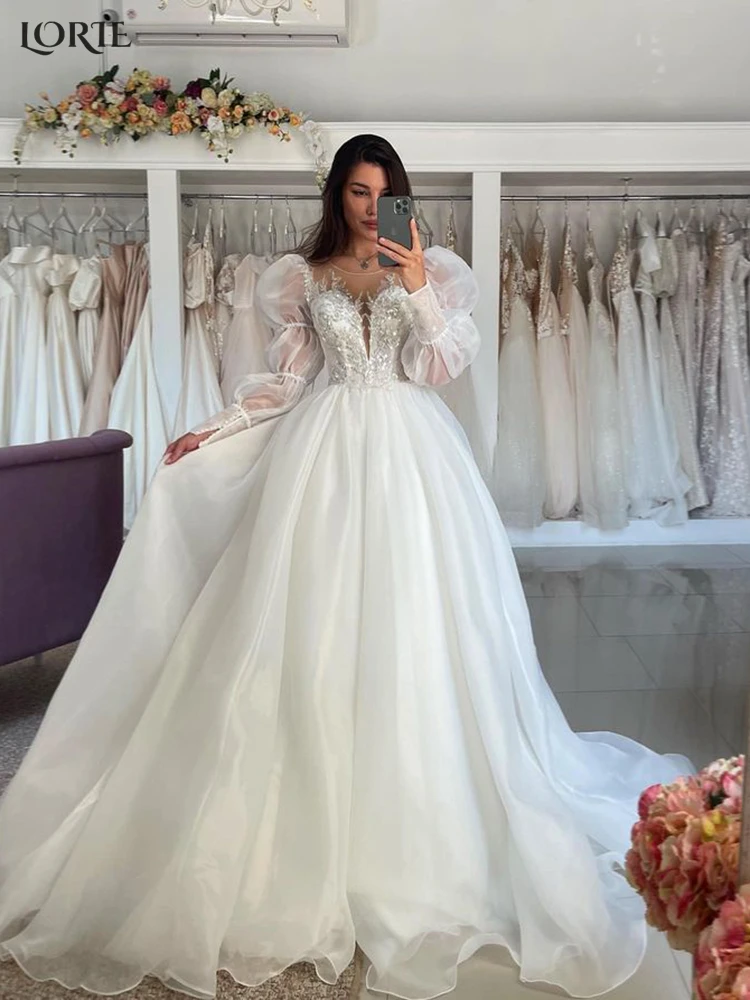 LORIE – robe de mariée en dentelle scintillante, col rond, ligne a, manches bouffantes brillantes, robe de mariée princesse, style bohémien