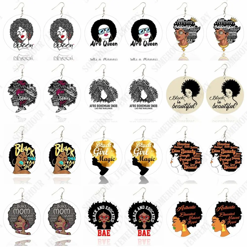 SOMEHOUR Afro Queen Black Girl Magic Print Women Wooden Drop Earrings Diva Beauty Educated Blessed Sayings Loops Pendant Dangle