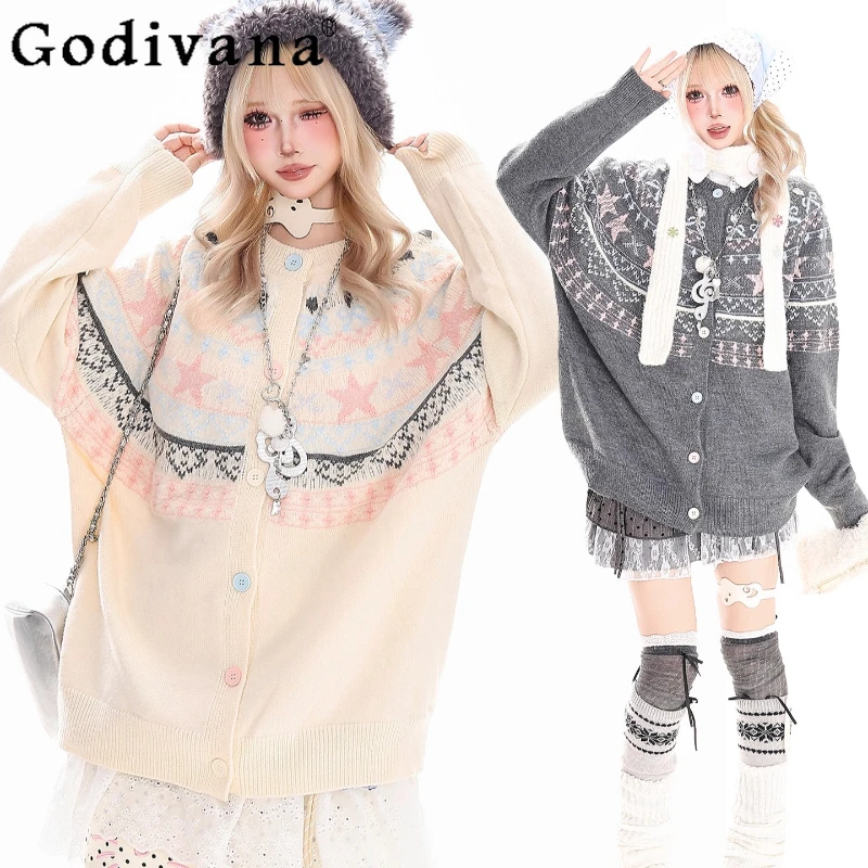 

Свободное вязаное пальто в японском стиле для женщин, нежный сладкий ярмарок, осенне-зимний кардиган, женский свитер в стиле Лолиты с длинными рукавами