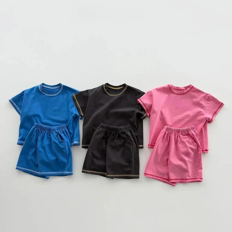 

2026 Summer New Children Short Sleeve Casual Clothes Set Boys Girls Solid T Shirts + Shorts 2pcs Sports Suit Toddler Outfits