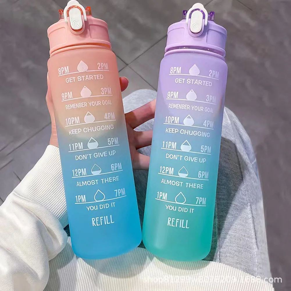 Botella de agua deportiva de 30oz con tapa de bloqueo y marcador de tiempo, botella de agua de Color degradado con pajita y Correa, boca ancha a prueba de fugas