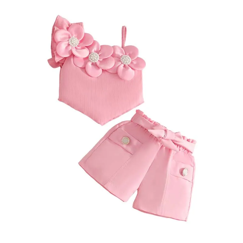 Toddler Baby Girl Clothing 1–3 Years Outfits Sweet Fashion Summer Single-strap Sleeveless Floral Crop Top and Shorts Baby Sets