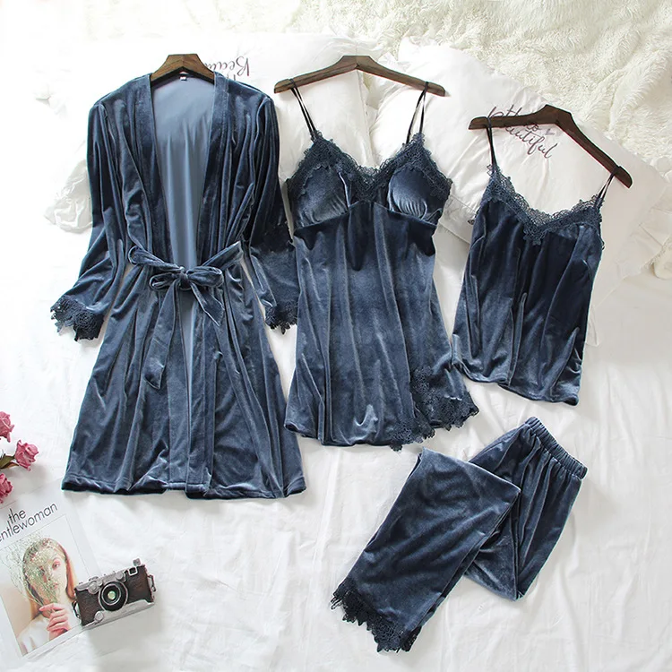 

Autumn Winter Female Sexy Lace Trim Pajamas Set Velvet Sleepwear Loose Velour Home Wear Pijamas Suit Kimono Bathrobe Gown