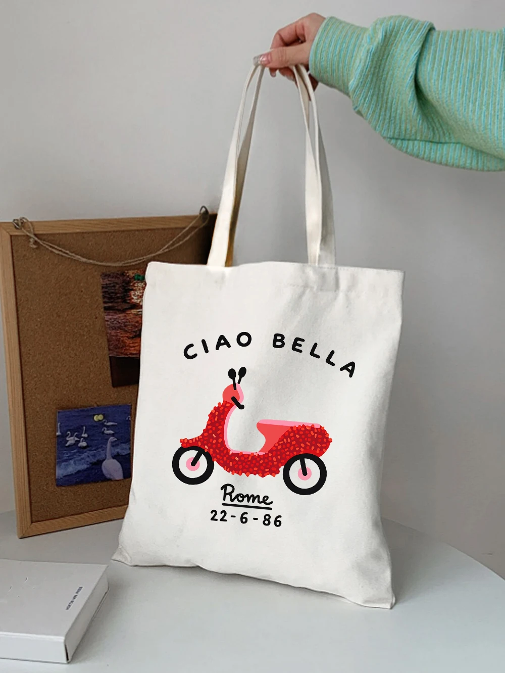 Ciao Bella Rome Scooter Canvas Tote Bag Cute Red Vespa Print Reusable Shoulder Bag Italian Vacation Shopping Handbag