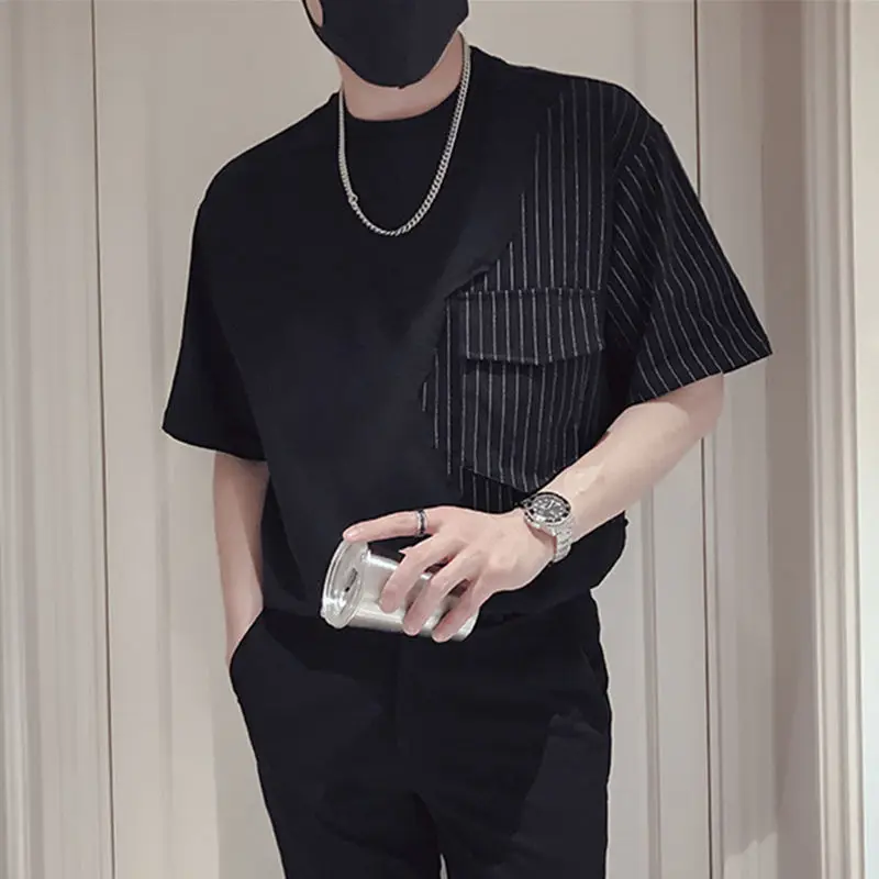 Fashion Printed Spliced Pockets Loose Striped T-Shirt Men\'s Clothing 2023 Summer New Oversized Casual Pullovers Korean Tee Shirt