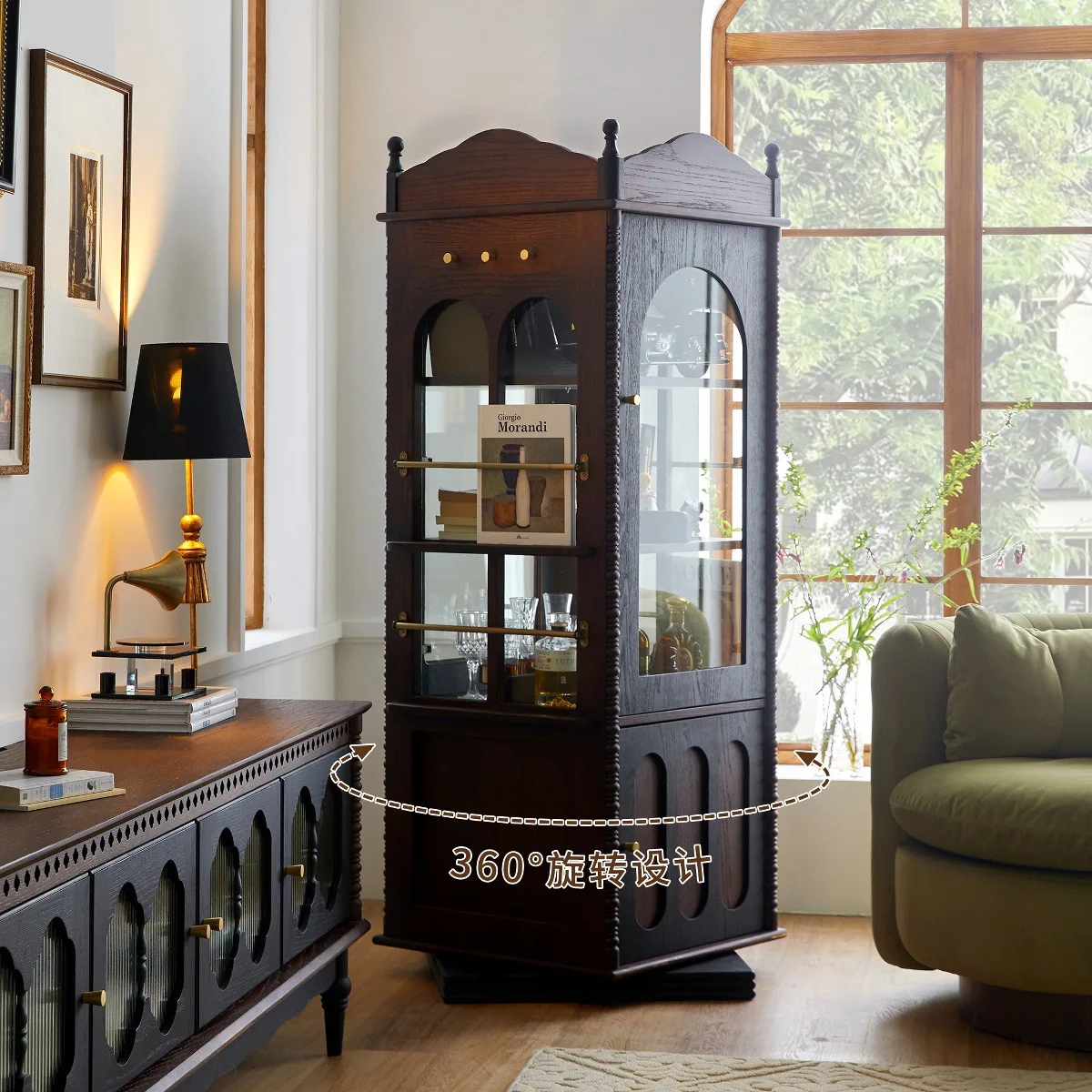 French solid wood bookcase retro rotating storage cabinet with glass door corner magazine