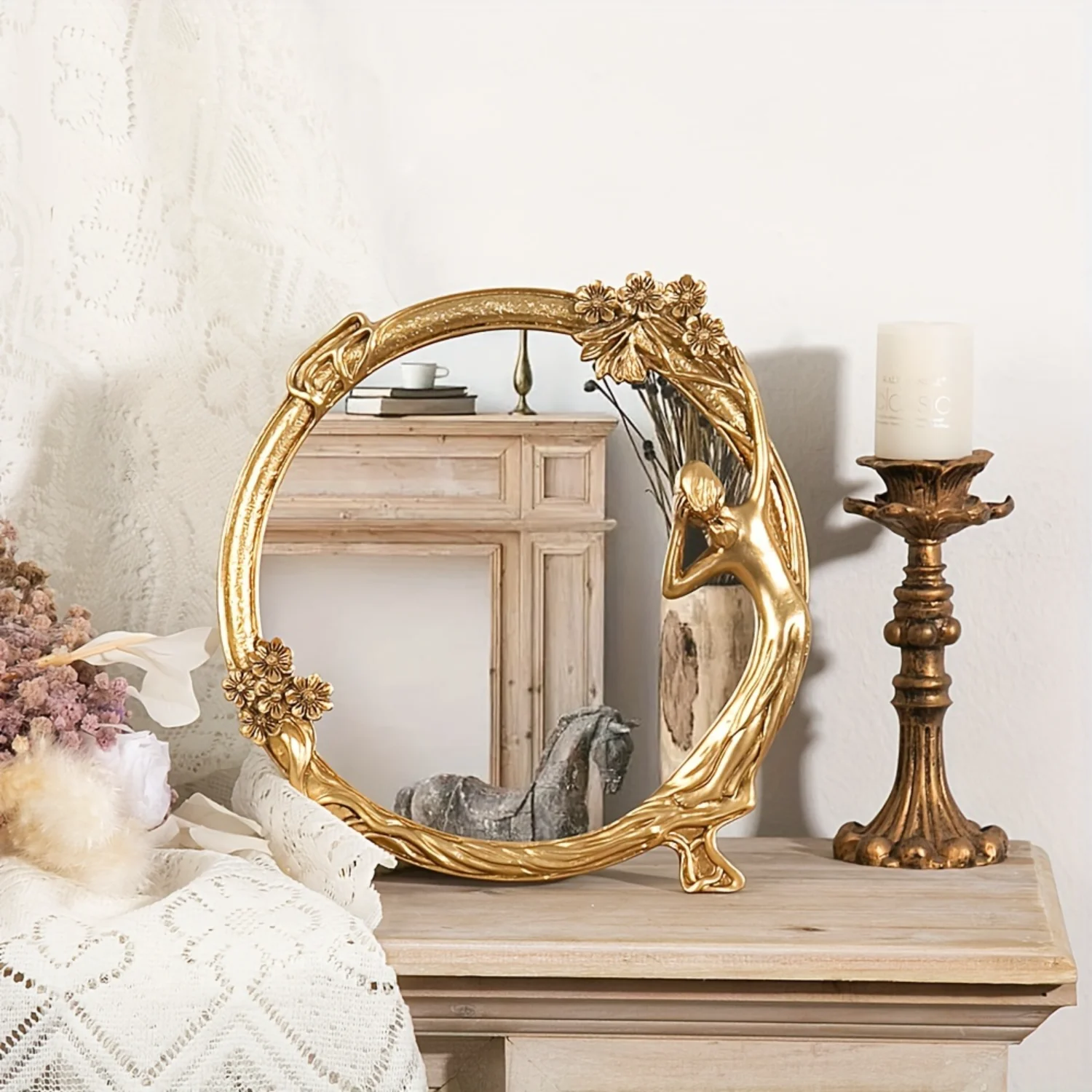 Vintage European Resin Relief Mirror  Elegant Dressing & Makeup Decor