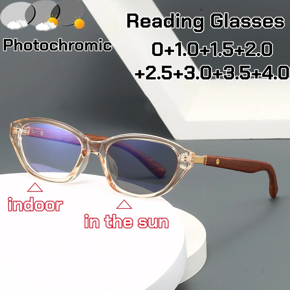 

Outdoor Color Changing Reading Glasses Women Men New Retro CatEye Anti Blue Light Photochromic Presbyopia Eyeglasses Diopter+4.0