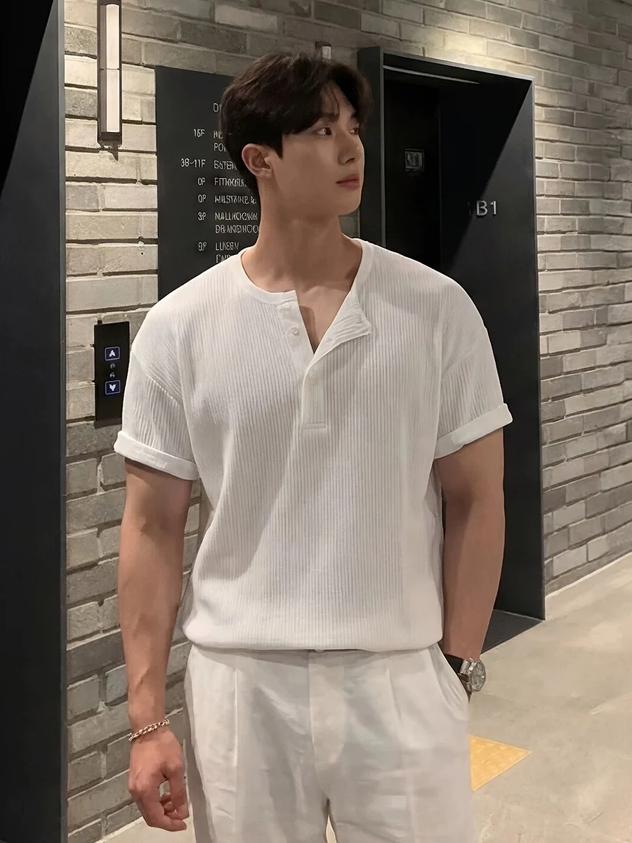 Korean Style Henry Collar T-Shirt Men's Casual Short Sleeve Loose Fit  Shirt Breathable Comfortable Waffle Texture