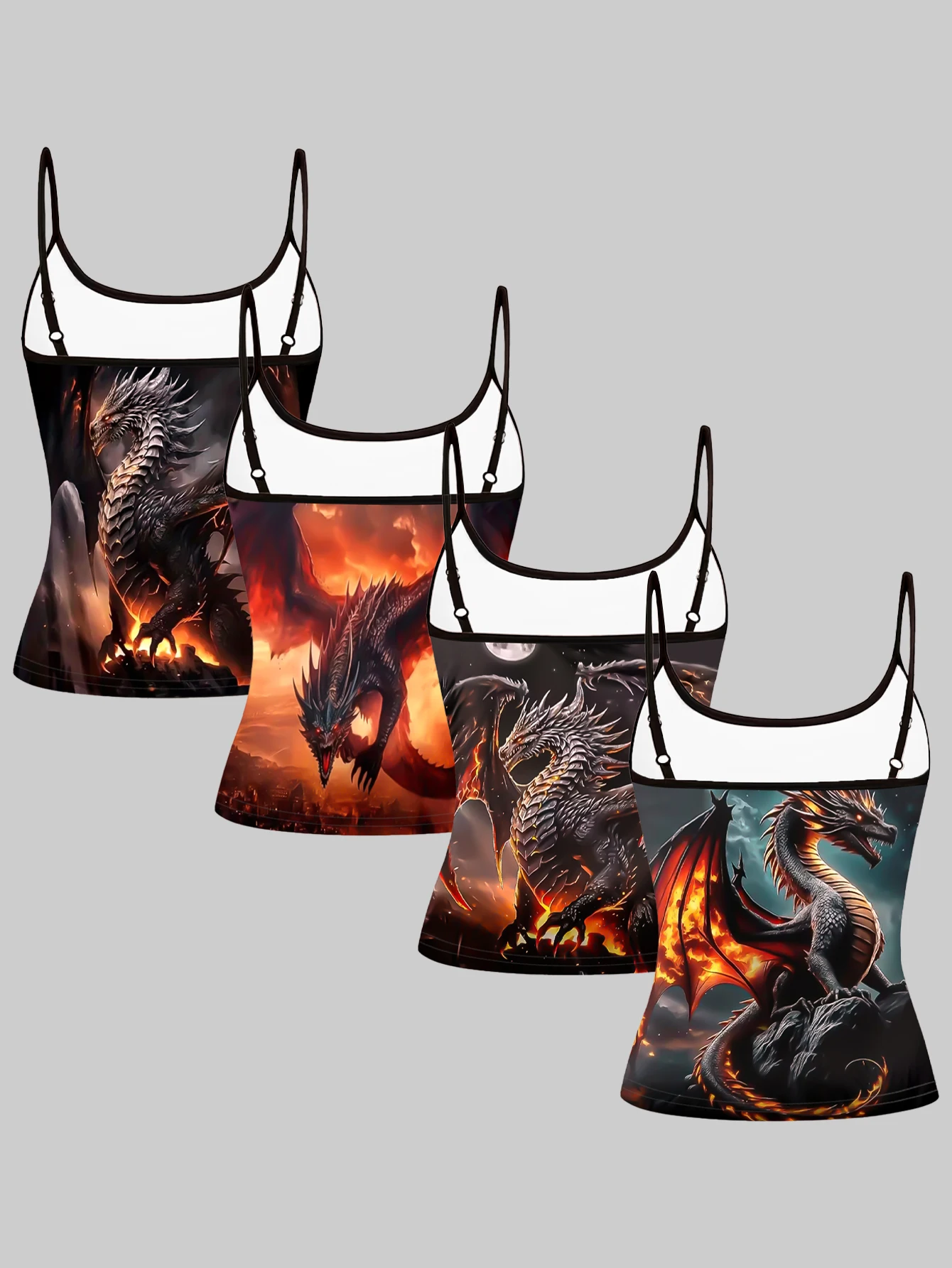 4-Piece Set of Women's Dragon Print Camisoles with Flame Pattern Slim-Fit Inner Tops
