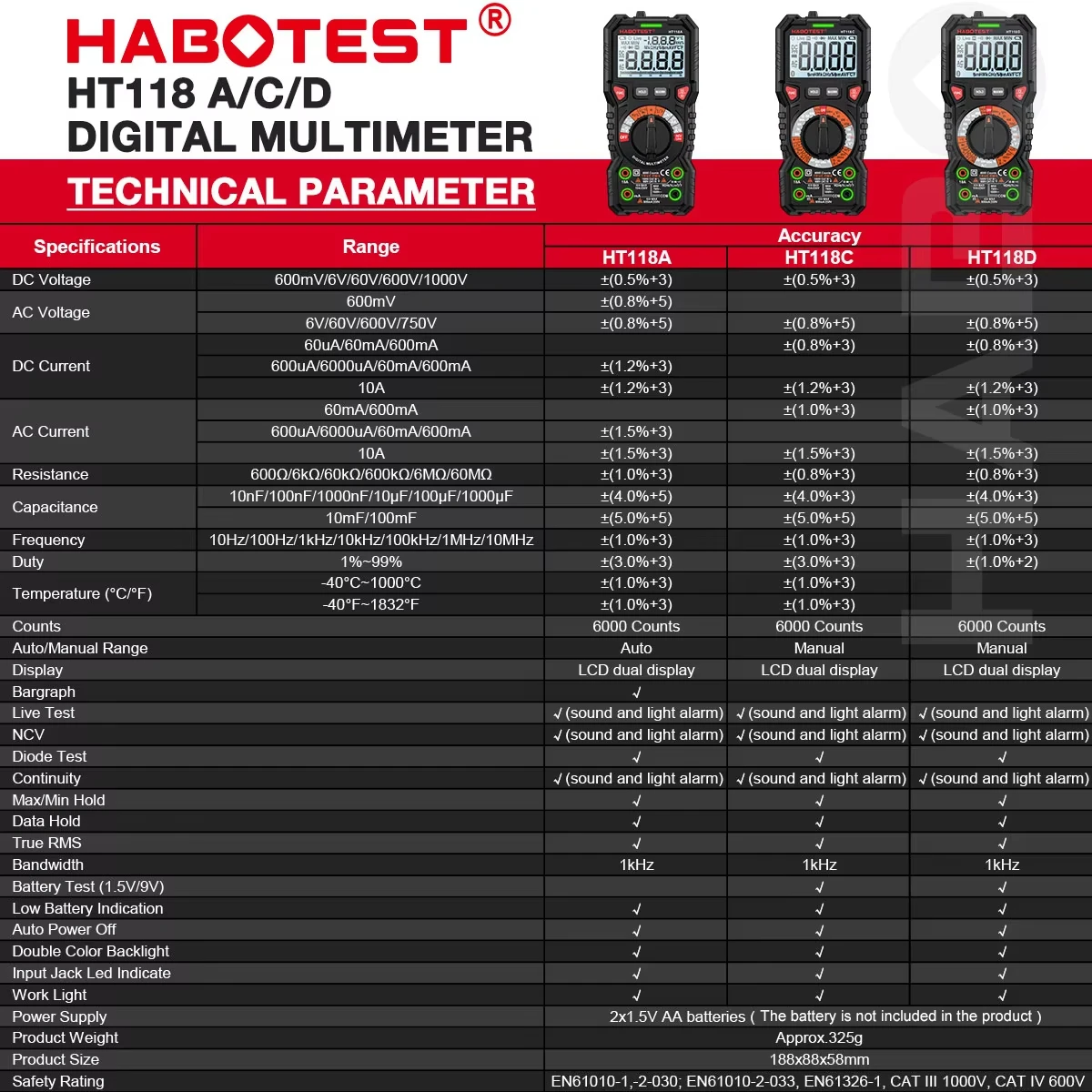 HABOTEST 디지털 멀티미터 Ture RMS 1000V AC/DC 6000 카운트 전압계, 자동 범위 NCV Hz 다이오드 옴 테스터 멀티미터, HT118