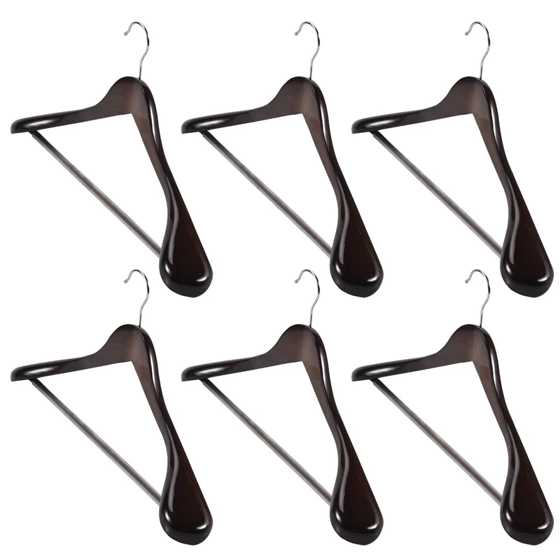 

Wide Shoulder Wooden Hangers 6 Pack With Non Slip Pants Bar - Smooth Finish Solid Wood Suit Hanger Coat Hanger