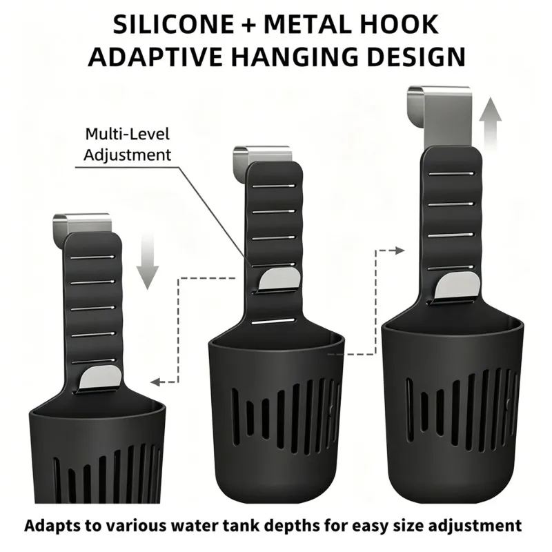 A84E-Adjustable Silicone Basket With Rustproof Hooks Toilet Tank Tablet Dispenser Hanging Tablet Holder