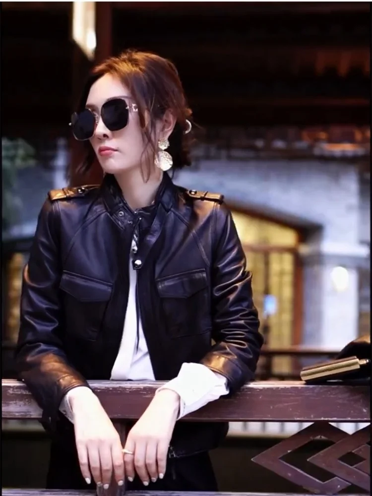 2023 Spring New Haining Genuine Leather Women's Short Fashion Slim Fit Sheepskin Leather Jacket