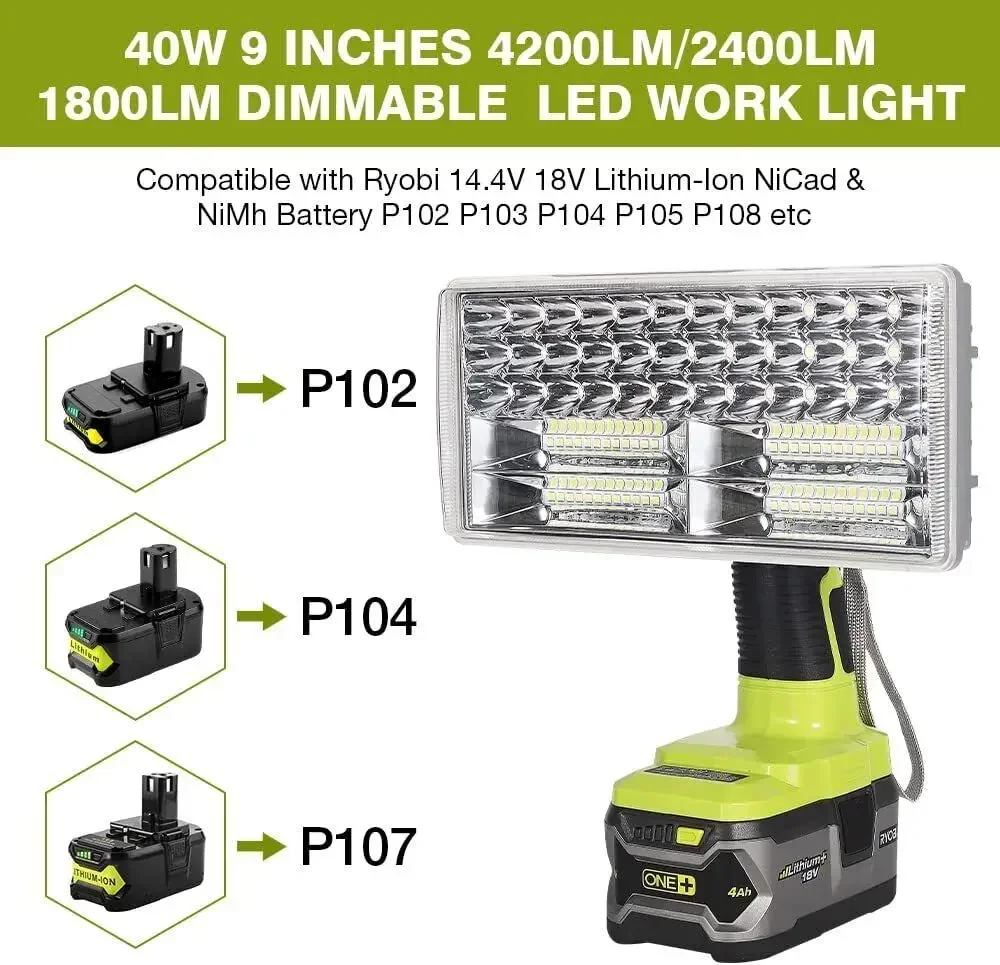 9Inch 4200LM Cordless LED Work Light Spotlight Flashlight for Ryobi 18V Li-ion Ni-Cad Ni-Mh Battery for Camping Hiking