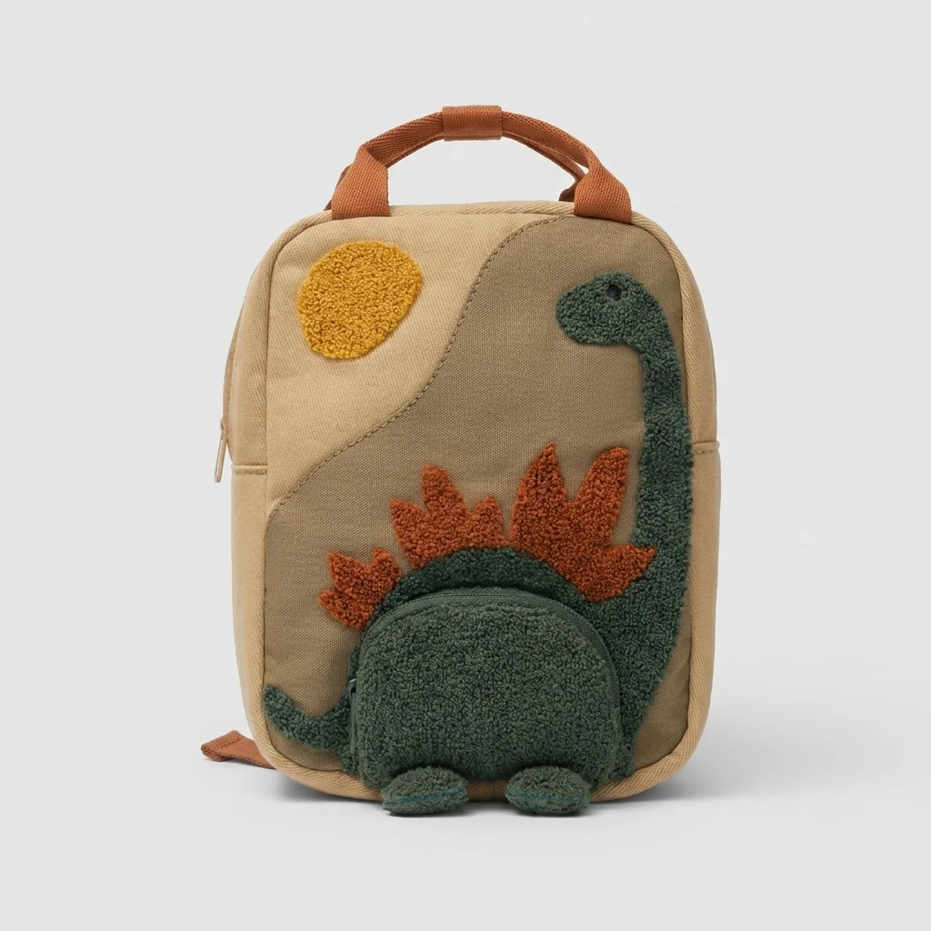 Cute Dinosaur Embroidery Lunch Bag for Kids, Portable Canvas Snack Tote with Top Handle