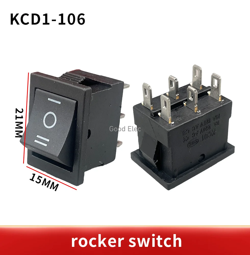 5PCS KCD2 203 6P black three position toggle switch  6A/250VAC 10A/125VAC (on / off / on) rocker switch 1011