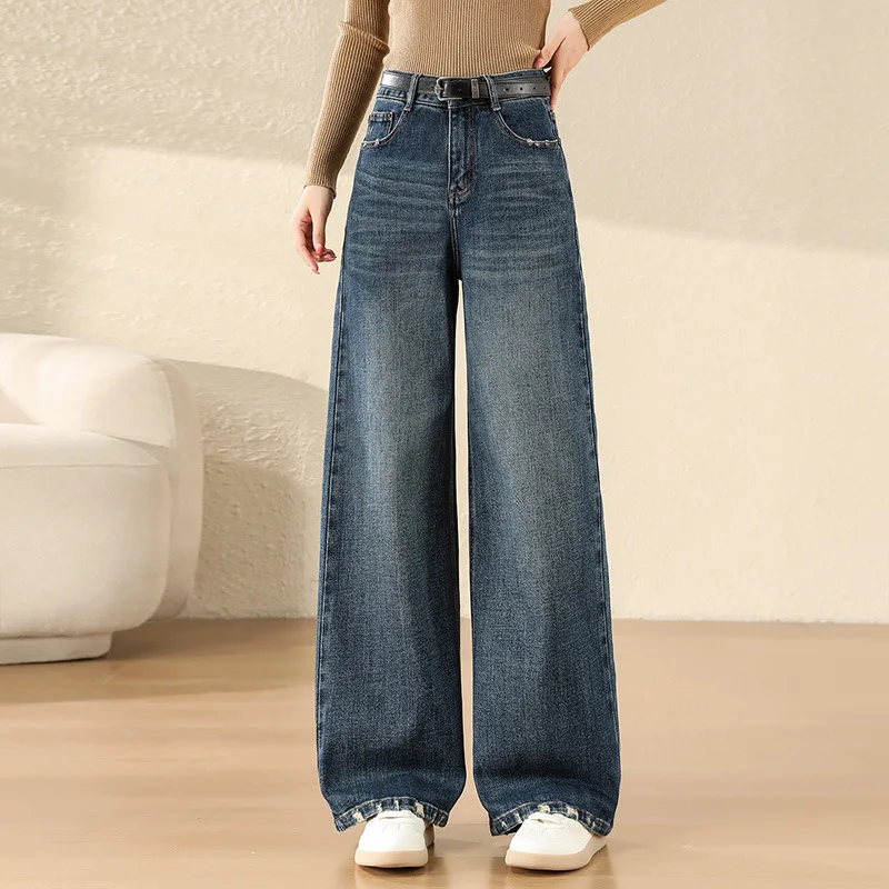 

Модные синие прямые джинсы для женщин, осенние и зимние новые утягивающие джинсы с высокой талией, универсальные, широкие, длиной до пола