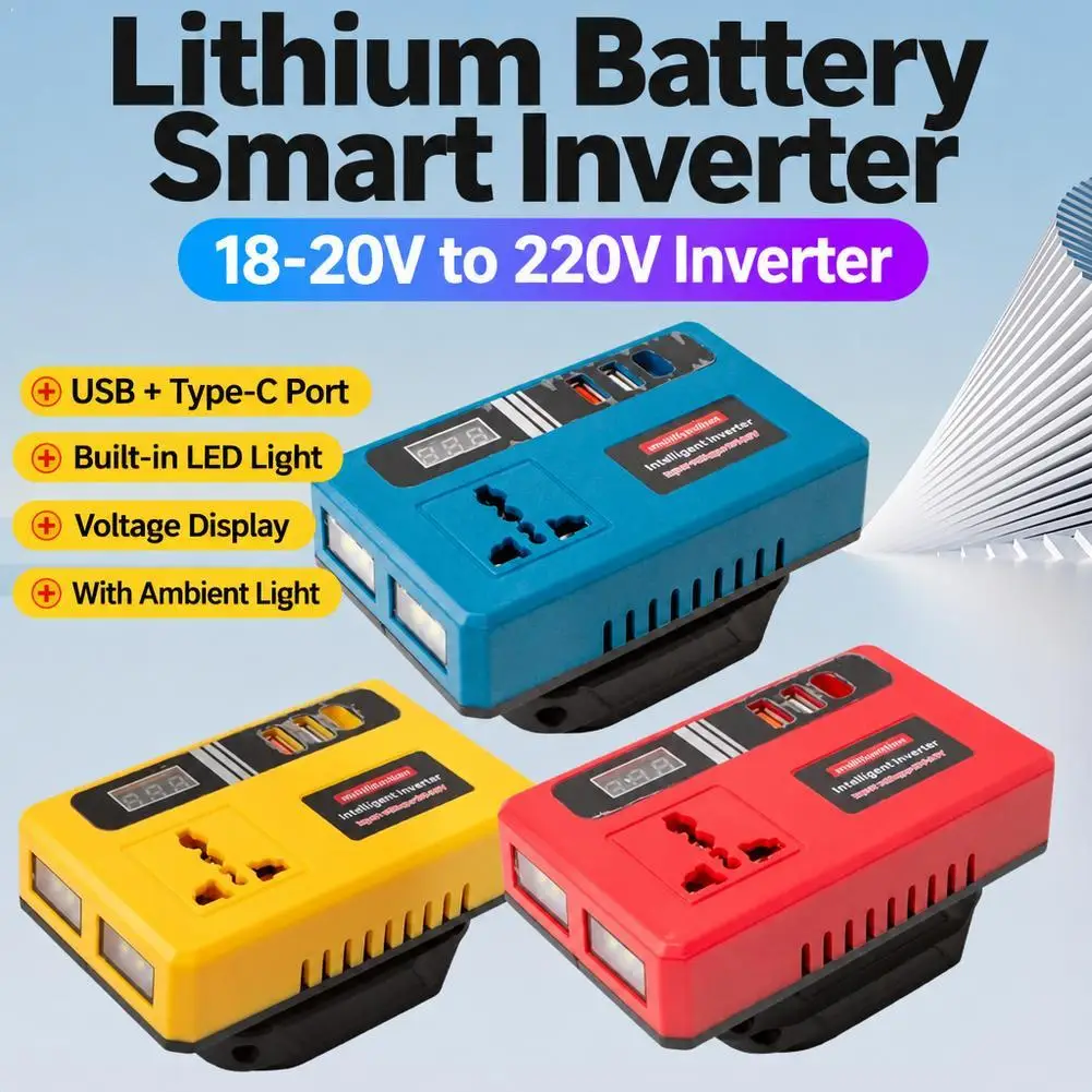 18-21V To 220V Smart Lithium Battery Inverter For Power Tool Battery With AC Outlet USB Type-C LED Light Outdoor Power Station