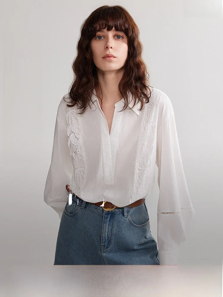 

Elle Simple Embroidered Hollow out White Shirt Women's Loose Fashionable Spring New Style Button up Cotton Blend Long Sleeve