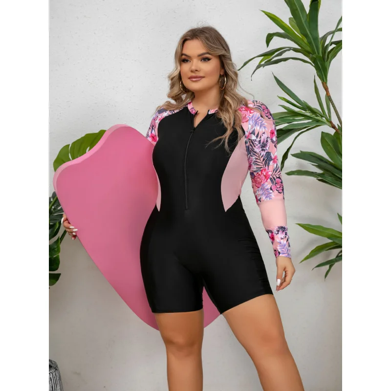 Plus Size One-Piece Zipper Sports Swimsuit Women's Long Sleeve Surfing Swimsuit Surfing Suit Boxer Dive Skin Snorkeling Suit