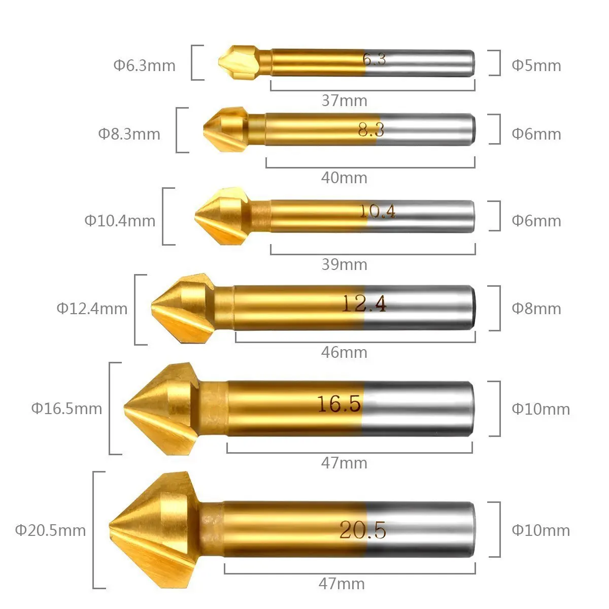 HSS4241 6pcs Three Blade Round Shank Chamfer Countersink Set 3 Flute Chamfering Bit Set Chamfering Cutter